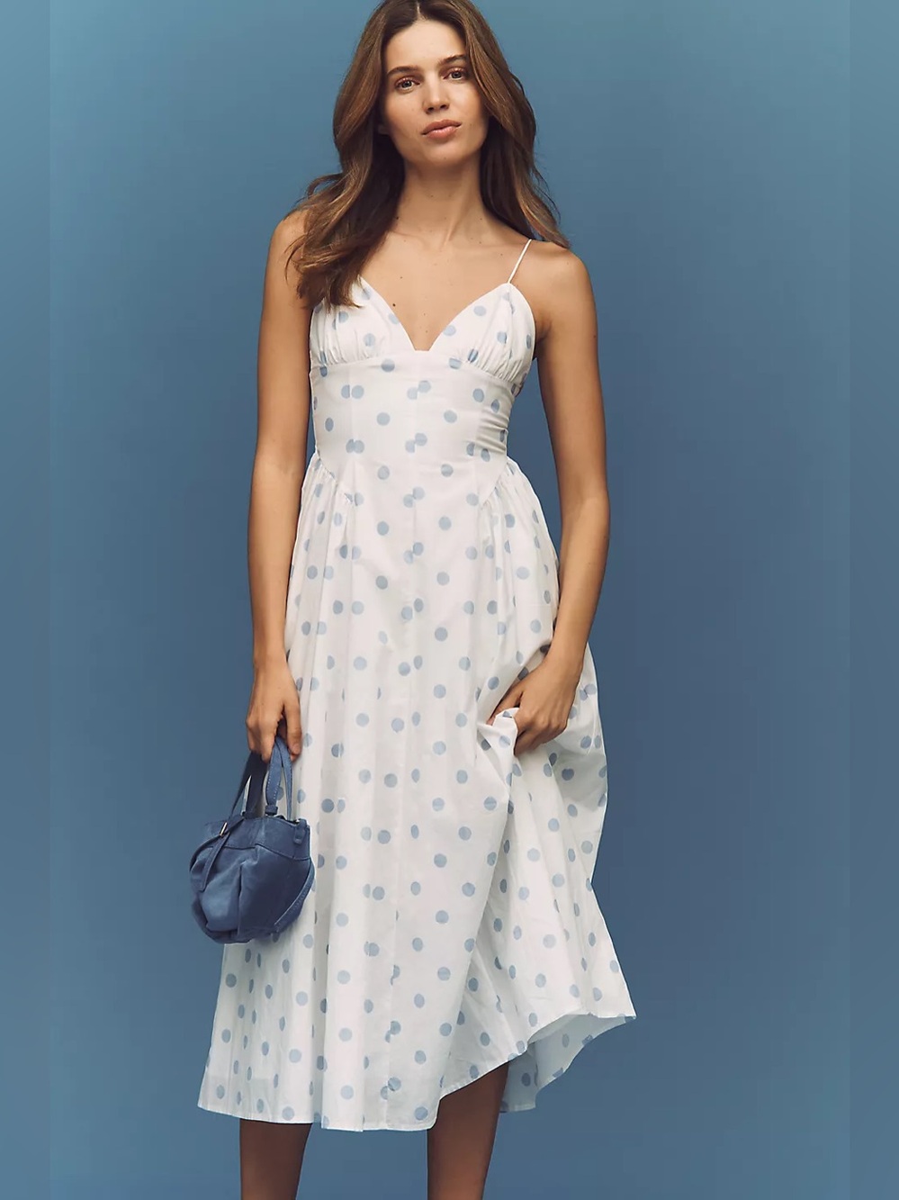 Nia Sydney Polka Dot Sweetheart Neck Midi Dress
In Blue Dots Size S NWT